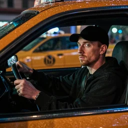 Eminem as a taxi driver with steering wheel in his hands looking at you from the car, shot from professional camera, ultra realistic, rim light, rainy weather, vivid lights night time