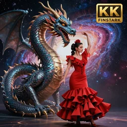 ( hyperrealist distant portrait of a dragon and a girl dressed as flamenco, in the background the universe. ) by anato finnstark, dynamic lighting, beautiful, trending on artstation, wallpaper, 4 k, award winning, digital art, very detailed