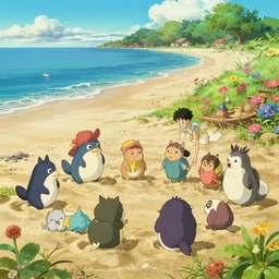 a wholesome animation key shot of fuuny creatures playing in the sand on the beach at the seasideby studio ghibli, nicoletta ceccoli, mark ryden, lostfish, max fleischer, detailed and intricate environment, bloom, 8 k resolution, hyperrealistic, octane render, vivid colors, bright, cheerful, detailed and intricate environment