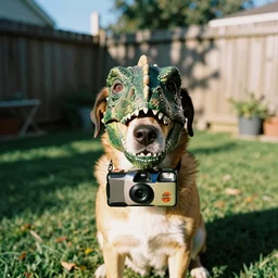 a dog with a goofy cheap dinosaur mask, disposable camera photograph, casual, backyard, midday, sunny, funny photo