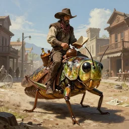 A very highly detailed cowboy wizard with spellbooks and potions riding on a very higly detailed giant grasshopper insect on the street of a wild west town digital rational painting art by Greg Rutkowski, sci-fi highly detailed, digital concept art, sharp focus, realistic concept art by Stephen Hickman and James Gurney and Hiromasa Ogura Ghost in the Shell rendered in Octane Render, From the distance