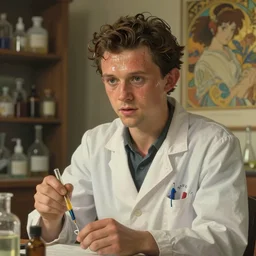 cute sweaty tom holland chemist, natural lighting, path traced, highly detailed, high quality, digital painting, by don bluth and ross tran and studio ghibli and alphonse mucha, artgerm