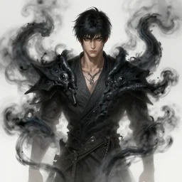 a highly detailed illustration of handsome korean man with black foggy tentacles, art by artgerm and greg rutowski, intricate, elegant, highly detailed, centered, digital painting, artstation, concept art, smooth, sharp focus, league of legends concept art, wlop.