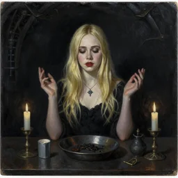 a striking esoteric painting of Elle Fanning at a seance, dark, metal, black background, occult, by Grant Wood