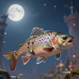 a close - up stunning fantasy scene of a steampunk trout | highly detailed | very intricate | disney | magic the gathering | steampunk | dramatic romantic epic breathtaking whimsical magical | bokeh moon stars | professional cinematic lighting | award - winning | painted by marc simonetti and anton fadeev and paul lehr and rhads and alena aenami | pastel color palette | featured on artstation