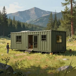 cabela's beautiful comfortable community of modular insulated wall container home kit - house all weather military grade family dwelling tent house, person in foreground, mountainous forested wilderness open fields, beautiful views, painterly concept art, environmental concept art, concept art illustration, by james gurney, by craig mullins, by greg rutkowski trending on artstation