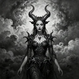 By Tom Bagshaw, ultra realist soft painting of zynoid curiosities by night, very beautiful single female gothic fully dressed, horns, symmetry accurate features, very intricate details, ominous sky, black and white, volumetric light clouds