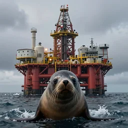 a a offshore oil mounted in the head of a south american fur seal australis, key visual, ambient lighting, highly detailed by greg'craola'simkins and kris kuksi, apocaliptic, zoom out,
