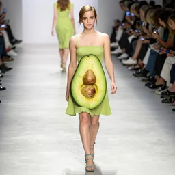 photo of emma watson as an avocado, photorealistic, wide angle, fashion walk