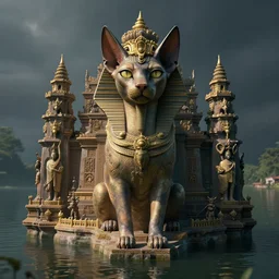 hyperrealistic dslr film still of floating temple in the middle of a lake devoted to sphynx cat, stunning 8 k octane comprehensive 3 d render, inspired by istvan sandorfi & greg rutkowski & unreal engine, perfect facial symmetry, dim volumetric cinematic lighting, extremely hyper - detailed, incredibly real lifelike attributes & flesh texture, intricate, masterpiece, artstation, stunning