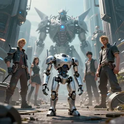 a portrait of a small cyborg standing in the foreground of a mechanical city by Greg Rutkowski, Sung Choi, Mitchell Mohrhauser, Maciej Kuciara, Johnson Ting, Maxim Verehin, Peter Konig, final fantasy , mythical, 8k photorealistic, cinematic lighting, HD, high details, atmospheric,