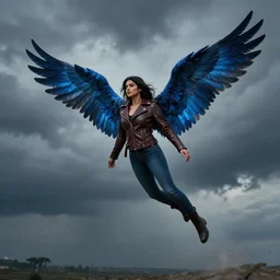 angel avan jogia with blue-indigo-feather wings. Leather jacket, boots and jeans. Flying in a stormy sky. Distant full body shot. Award winning photography