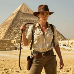 Daisy Ridley as Indiana Jones, in an Egyptian pyramid, holding a whip