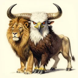 a creature with the body and eyes of a man, with the beak of an eagle, the mane of a lion, and the horns of an ox. drawn by syd mead