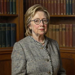 hillary clinton wearing a tweed coat and pince - nez glasses, in a library, oil on canvas