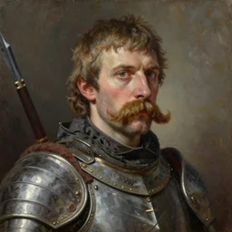 Detailed oil painting of a man with a large moustache wearing medieval armour.