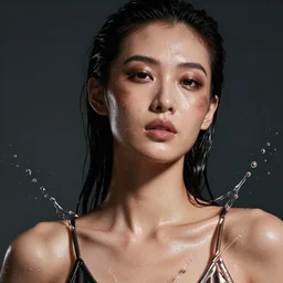 fierce glossy wet fashion model, smudged makeup, effervescent, sweat skin, liquid metal splashing, dark, poster art, ultradetail, hyperrealistic illustration, watercolor, deep mood, hyperrealism, 3 d, in the style of irakli nadar,