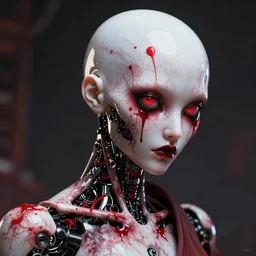 cyborg albino maiko scary, realistic, fluent composition, red white and black, concept art, ambient light, 4 k, intricate details, highly professionally detailed, cgsociety, highly detailed -
