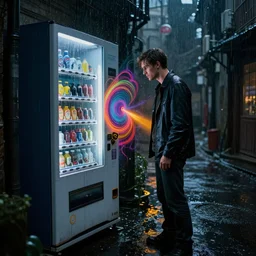 a drenched man in a dark rainy alleyway standing at a vending machine which opens a portal into another dimension, vivid caustics, realistic photography, beautiful interior, hyperrealism, incredible, award - winning photography, by greg rutkowski, lovecraftian