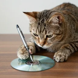 a cat is writing on a CD with a pen. realistic photo