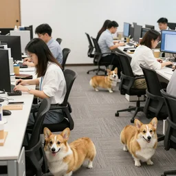 photograph of a busy office filled with corgies doing office work