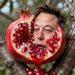 elon musk visage seen in a pomegranate about to burst, leaking disgusting ketchup, growing from tree
