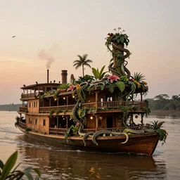 A wooden, beautiful 1880's steamboat overgrown with intricate vines, flowers, snakes, anacondas and exotic vegetation floating down on the Amazon river. Faint lights from inside the ship. Steam. Birds circulating. The boat looks like an island. Ecosystem. Beautiful close up photo by National Geographic. Wide lens. Photo by Roger Deakins. Photorealistic. Sunset. Volumetric lights. Mist. hyper-maximalistic, with high detail, cinematic, 8k resolution, beautiful detail, insanely complex details.