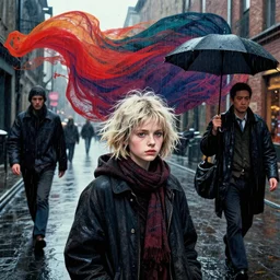 rainy street, homeless girl, short messy bleached hair, richard avedon, martin schoeller, victor ngai, id magazine, epic scene, surreal, david cronenberg, kilian eng vibrant colours, billowing, dramatic, dynamic lighting, intricate illustration, detailed, beksinski, dan mumford, artstation, greg rutkowski, sharp focus, photoreal, 8 k