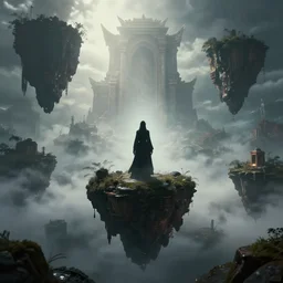 high - tech space cult witch looking at floating islands while, foggy of a ancient temple in temple dramatic lighting, epic, octane render, volumetric light, unreal engine, artbreeder, 8 k, background, scene