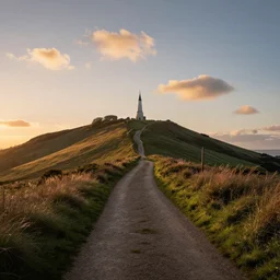 100 mm, 1/1000 sec, f/2.8, ISO 100 glorious magical cinematic scene of a trail on howth hill just after sunset