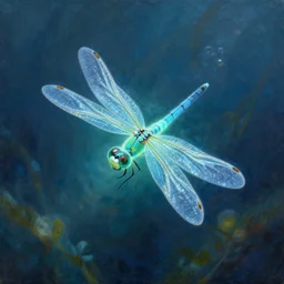 a beautiful and highly detailed painting of a bioluminescent dragonfly floating underwater