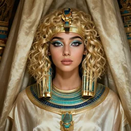 bust portrait of girl buried in silks, egiptian goddes costume, blonde, curly hair, clean face, provocative make up, symmetrical face, looking straight, smooth skin, jewelry, ecstasy, cute, fashion editorial photography, from vogue magazine, ultra realistic, reflections, from eyes wide shut movie