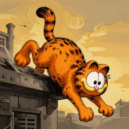 Garfield the cat falling from heaving after his banishment, dramatic lighting, golden hour, woodcut style, by Gustav Dore, by Albrecht Durer, trending on artstation