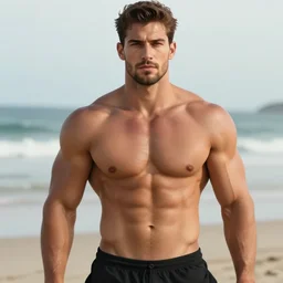 handsome man posing on the beach, herculean, bulging muscular figure, beautiful gigachad, soft lighting, highly detailed face, sharp focus, artstation, sophie anderson, arnold armitage, loish, thomas kinkade