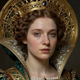 detailed realistic beautiful young medieval queen face portrait by jean delville, john william waterhouse, and marco mazzoni, art nouveau, symbolist, visionary, gothic, preraphaelite, james jean, claude monet, ultrasharp hyperdetailed photorealistic 7 5 mm octane render, ethereal, ornate gothic icon with heavy patina, opulent garments