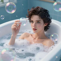 Tuesday Weld in a bubble bath of iridescent soap bubbles by James Gurney and Francine Van Hove, Cryengine, Raytracing