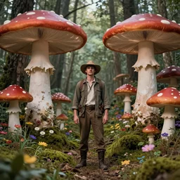 adventurer ( ( ( ( ( 1 9 5 0 s retro future forrest of giant mushrooms, moss and flowers. muted colors. ) ) ) ) ) by jean baptiste monge!!!!!!!!!!!!!!!!!!!!!!!!! chrome red