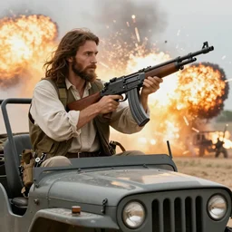 jesus with a machine gun riding a jeep, explosions in the background