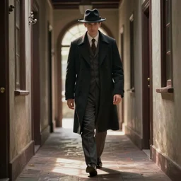 Invisible man in coat and hat and shoes walking in an old house with a small corridor, digital artstyle drawn, trending on fiverr, 40nm lens, shallow depth of field,