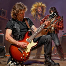 bruce forsyth shredding on a gibson sg, painting by frank frazetta and glenn fabry, 3 d rendering by beeple