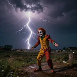 cinestill of a clown being hit by lightning