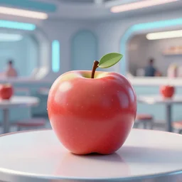 high res apple is sitting on a table in a futuristic diner 4k