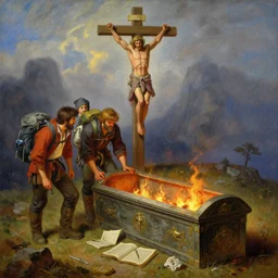a beautiful detailed painting of a three mountaineers, next to an ancient sarcophagus, setting manuscripts on fire underneath diablo hanged on wooden cross by thomas kinkade and ivan aivazovsky