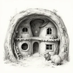 ultra detailed pencil and watercolors and digital illustration of underground house with unusual animals by wes anderson, tim burton, tomm moore, jean pierre jeunet ; 4 k 8 k hd high resolution ;