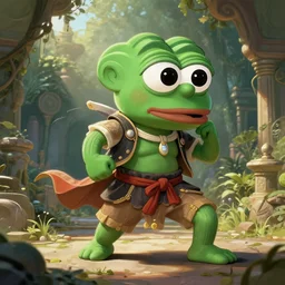 kawaii, dynamic brush strokes, linear gamma, dynamic, natural light, costume design made by pepe, sophisticated composition, old masters light composition, procedural, epic pepe posing conceptart, beautiful ancient garden behind, substancedesigner, pbr, ultra detailed, hyperrealistic, megascans, volumetric light, concept master, painttoolsai, final, gain