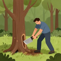 a digital drawing of a man chopping down a tree, in the style of minus 8