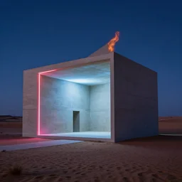surreal concrete structure in the desert at night, neon lights, minimalist architecture, james turrel,