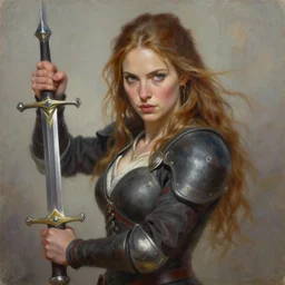 a painting of a woman with a sword in her hand, a character portrait by nina tryggvadottir, featured on deviantart, fantasy art, detailed painting, 2 d game art, digital illustration