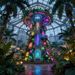 tropical greenhouse garden, neon lights, mythology, fairy tale, urban landscape, evening, highly detailed, low angle view, artstation, in the style of aetherpunk