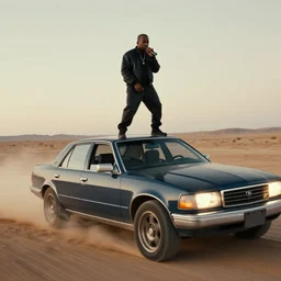 kanye west performing a live concert on top of a moving car in the middle of a desert